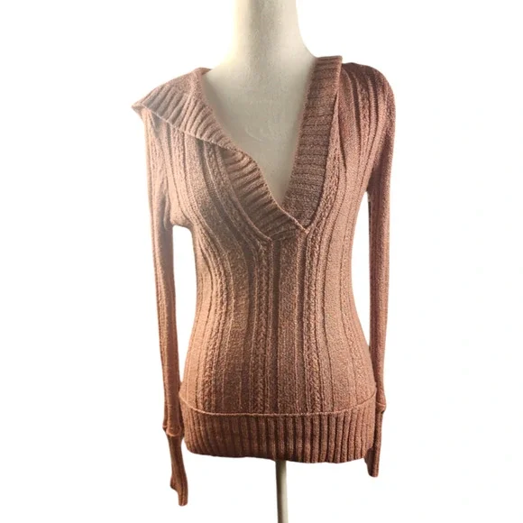 Maurices Women's Med Pink Sweater Hooded V-Plunge Neckline Knit Pullover - Picture 1 of 8